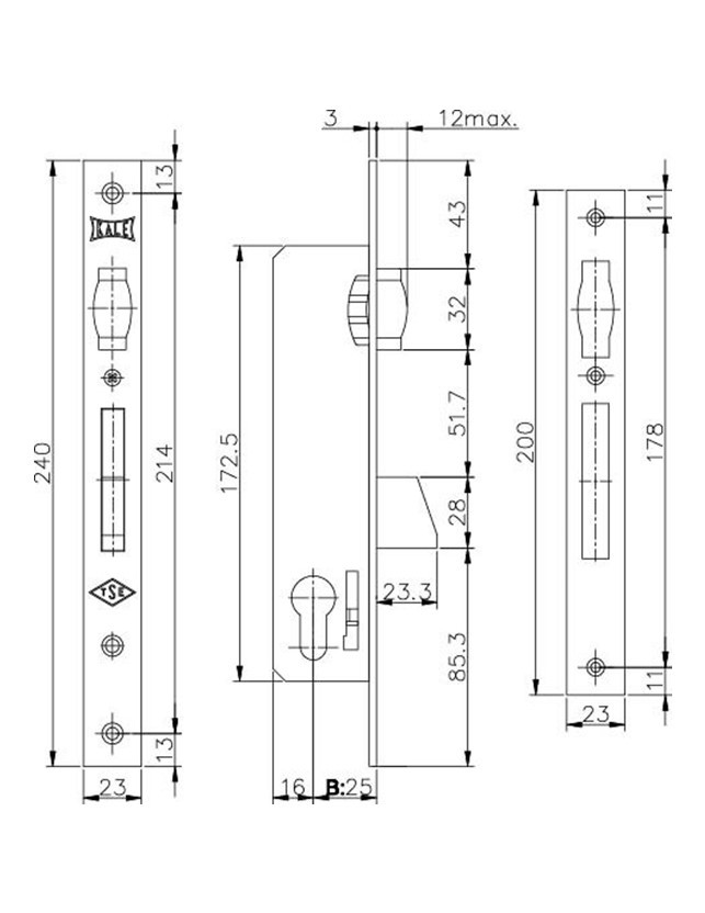 Корпус врезного замка KALE KILIT 255 25 mm w-b  - 1