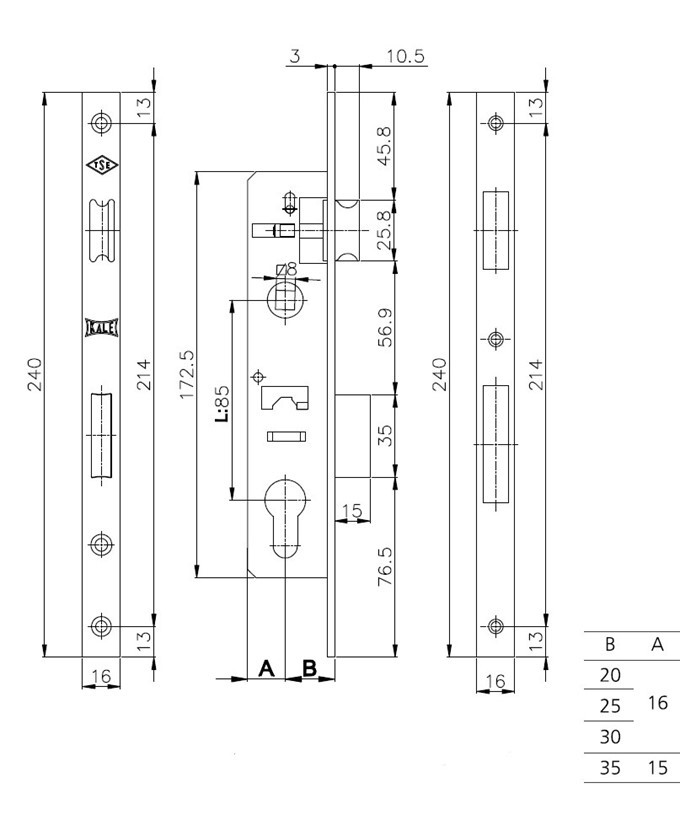 Корпус узкопрофильного замка KALE KILIT 153-P 30 mm w-b  - 1