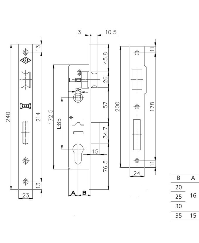Корпус врезного замка KALE KILIT 153 35 mm w-b - 2