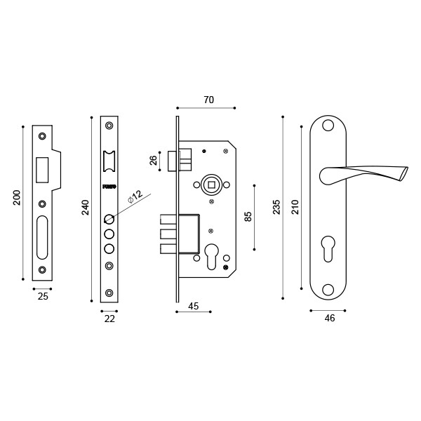 Замок врезной цилиндровый с защёлкой в комплекте с ручкой KIT P90 4585-3 CRONA AB (бронза), 5 кл. - 3