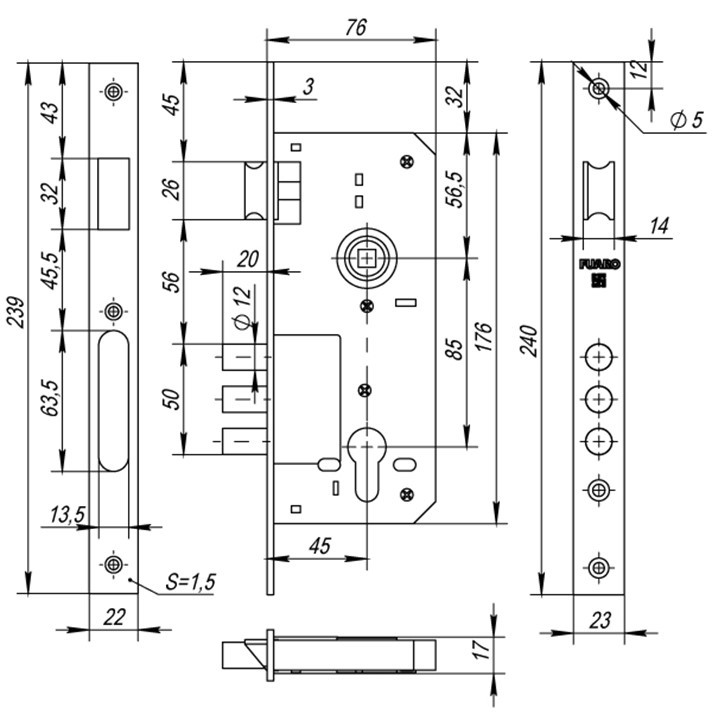 Корпус врезного замка Fuaro DD900-C-45.85.3MR (900 3MR W-B) CP хром  - 2